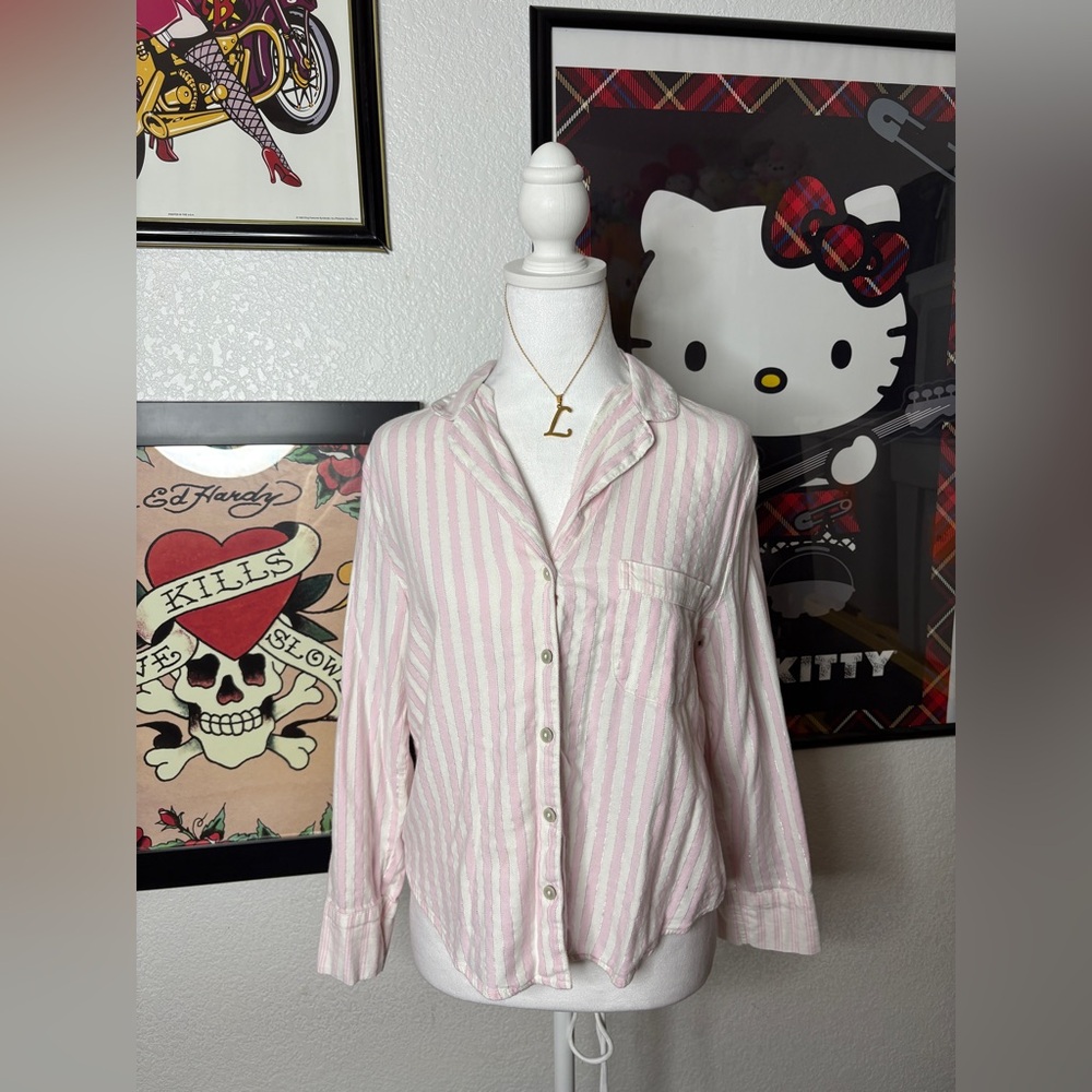 Victoria’s Secret Striped Pink White Long Sleeve Sleep Top Sleepwear Cozy